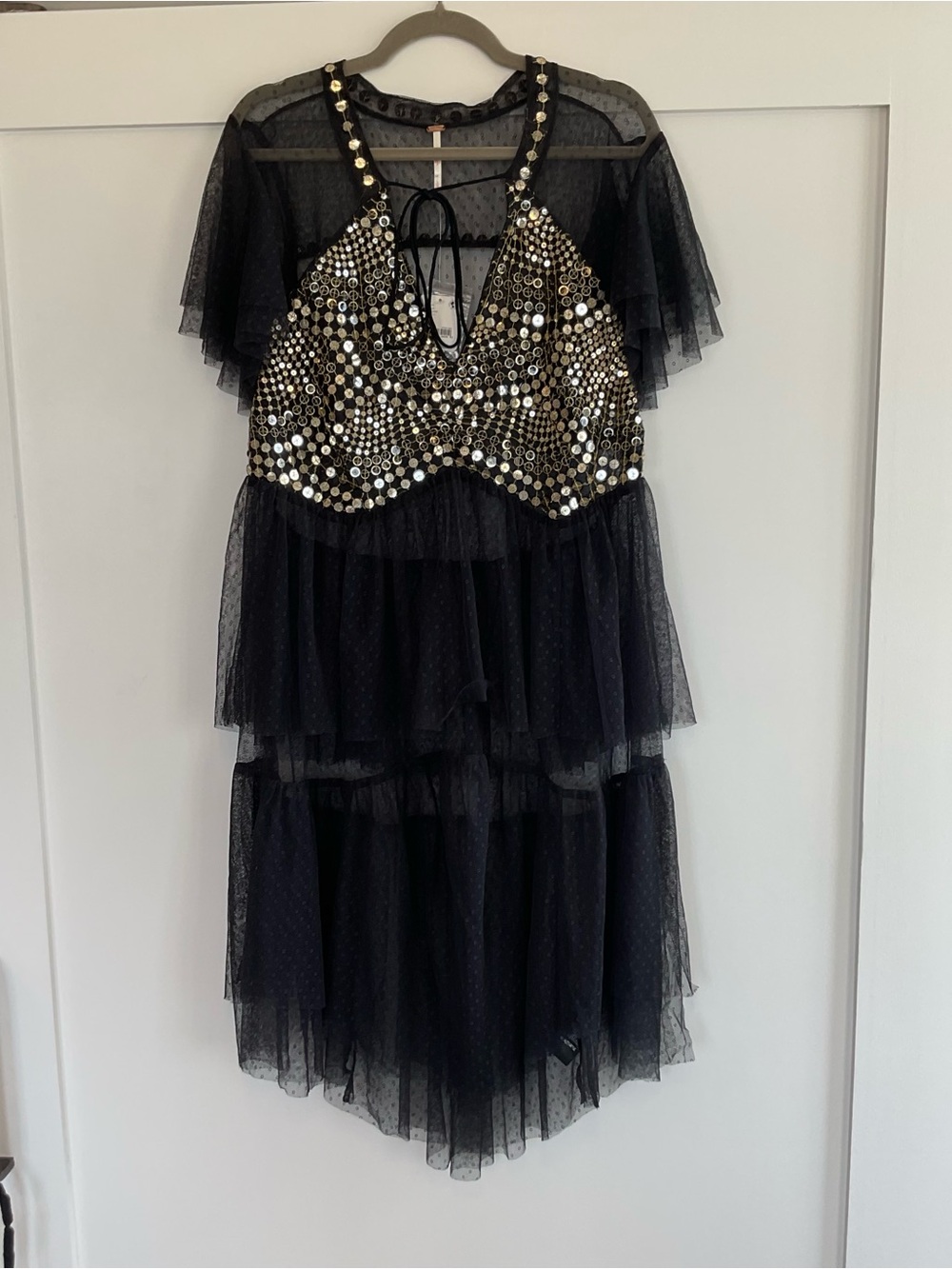 Free People Makin Magic Black With Gold Embellishments Maxi Top Size Large NWT
